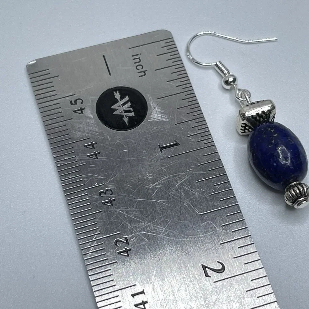 Artisan Silver Blue Lapis Lazuli Stone Beaded Dangle Earrings Boho Cute